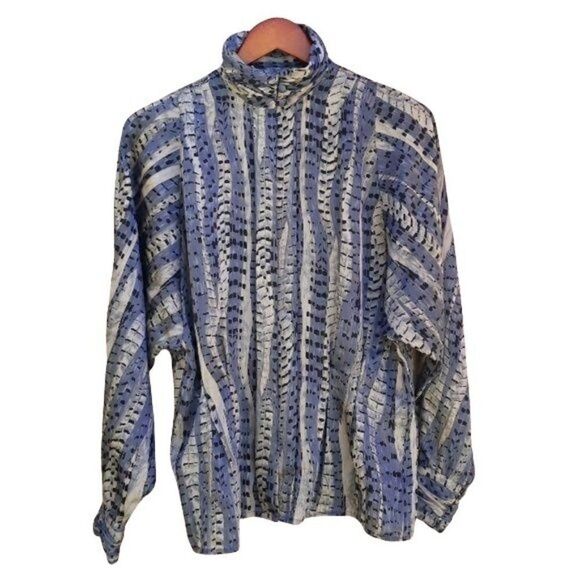 Rare Tess Romeo Renaissance Python Mock Neck Bishop Sleeve Blouse Blue Sz 12 - Picture 2 of 8